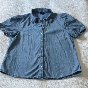 J. Crew Chambray Button Down Shirt with Puff Sleeves & Ruffle Trim, Size Medium